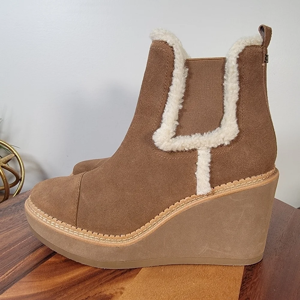 Sam Edelman Reagan Brown Suede Wedge Ankle Boots With Sherpa Trim Size 10